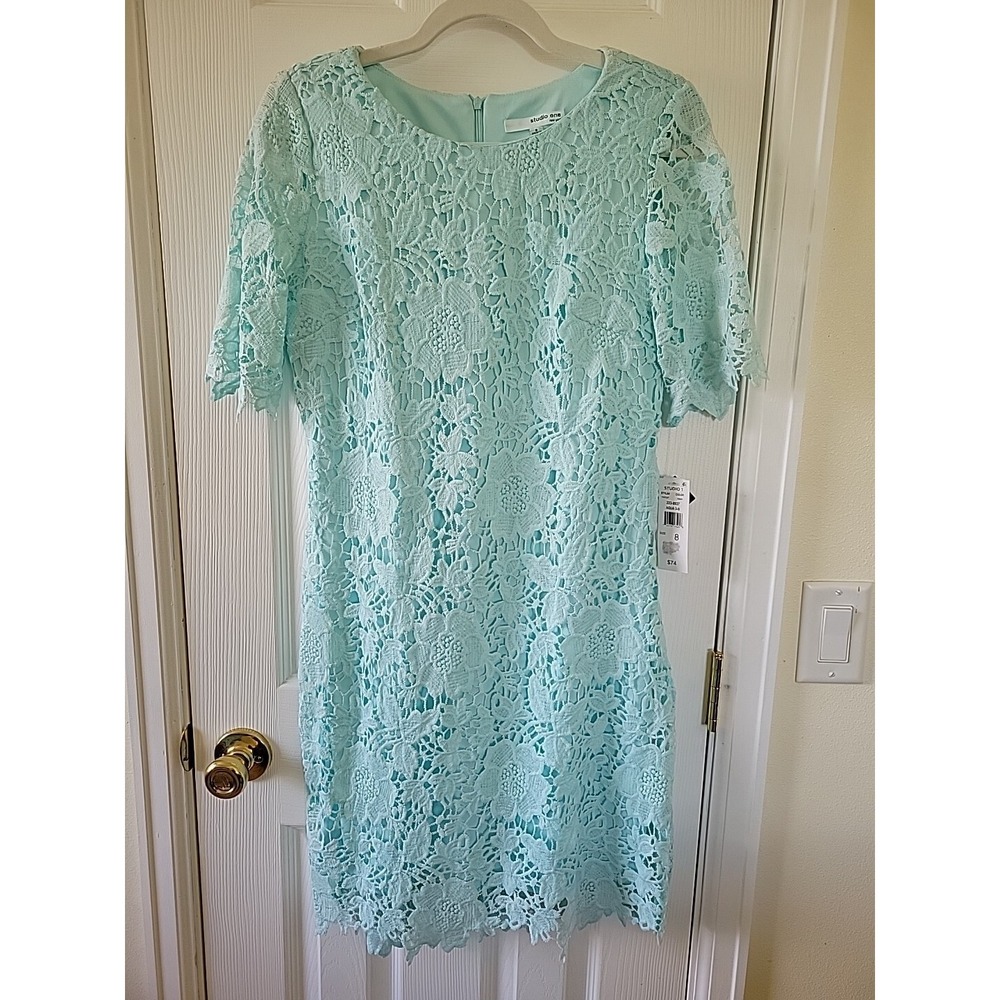 Studio One Dress Size 8 Aqua Lace Floral Sheath Zip Lined Short Sleeve NWT